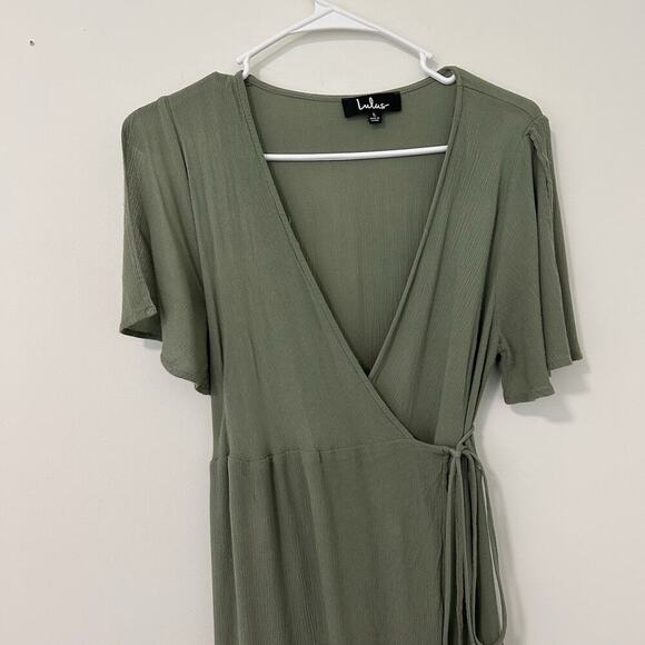 Lulus Dress Womens Large Much Obliged Washed Olive Green Wrap Maxi - Picture 4 of 10